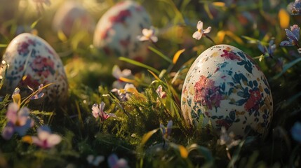Ceramic eggs with flower patterns in green pasture with wildflowers.