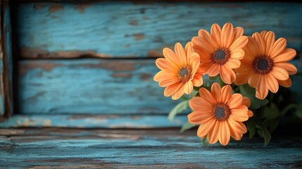 Orange flowers rustic wood background greeting card