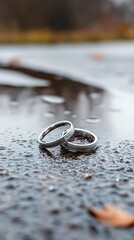 Two elegant wedding rings placed on the ground, symbolizing love and commitment in a romantic setting