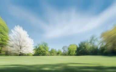 Fototapeta premium A blurred spring landscape with a manicured lawn and lush trees under a bright blue sky, evoking peace and renewal