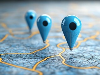 Three blue location pin pointers on a textured map surface indicating destinations and travel routes in a navigational concept