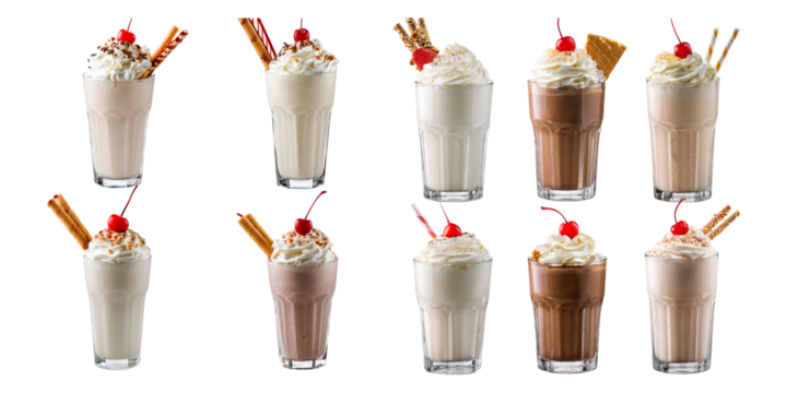 Delicious Milkshake Varieties with Toppings and Whipped Cream