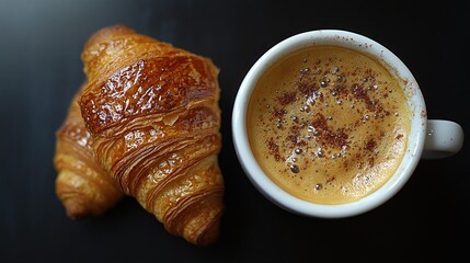 Parisian cafe, espresso, croissants, breakfast, dark background, food photography