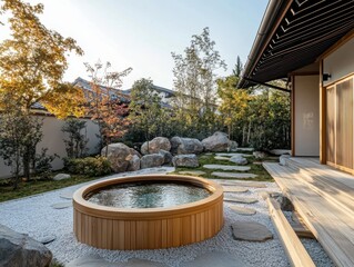 Naklejka premium A beautiful outdoor hot tub set in a peaceful garden setting