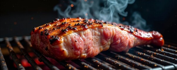 Smoke infusing flavor into pork shoulder in smoker , BBQ, tender pork, pork shoulder