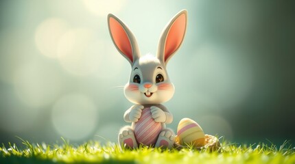 Fototapeta premium Adorable Easter Bunny Holding Egg in Grass