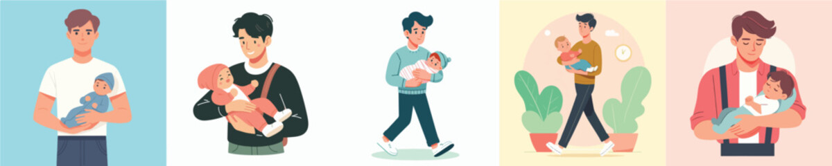 vector of young man carrying a baby