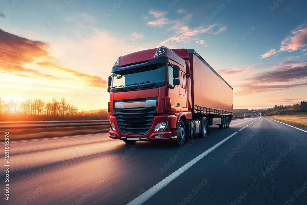 Aufkleber truck driving along an open highway at sunset surrounded by trees and a colorful sky. generative ai