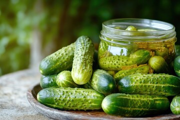 Green pickled cucumber jar with whole, freshly picked cucumbers on a wooden surface.