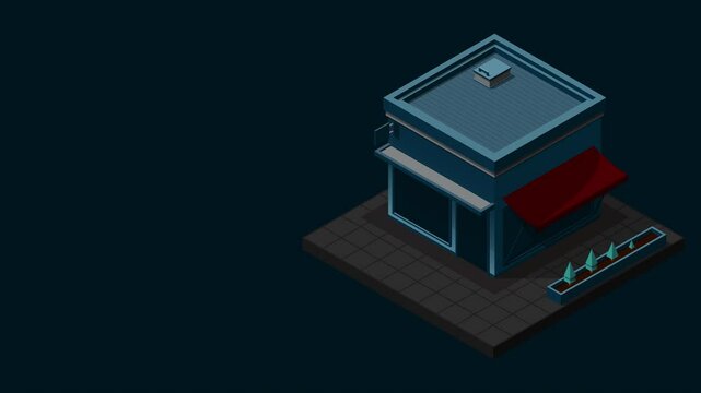 Isometric cafe building at night animation. Cafe building exterior. Cafe icon. Isometric shop or stores. Motion graphic. 4K animation