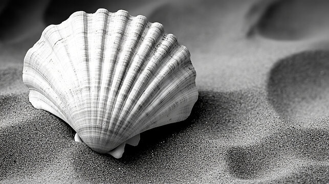 A single shell lies in the sand. It is black and white.
