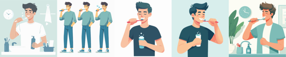 vector set of young men brushing their teeth