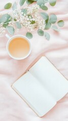 Soft pink blanket with an open notebook, a cup of tea, and delicate white flowers create a peaceful morning scene, evoking relaxation, creativity, and mindful moments.