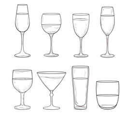 Set of hand drawn drinking glasses. Different glasses for alcoholic beverages: scotch, shot, red wine, margarita etc. Cocktail glasses for menu, decoration, coloring pages