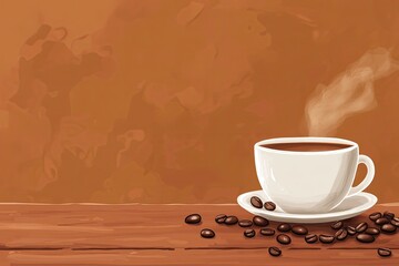 A steaming cup of coffee sits on a wooden table