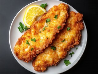 Crispy golden schnitzel delight on white plate with lemon slice and parsley garnish against dark background