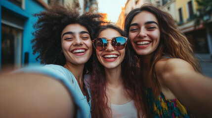 Fototapeta premium Best friends taking a selfie, playful expressions, casual urban setting, vibrant and joyful energy. Togetherness theme. Young people, friends or couple having a good time. Friends or couple taking a s