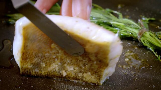 White fish pike-perch, zander together with herbs are fried in a pan in hot olive oil. The chef pushes the fish fillet with a metal spatula so that it cooks better.