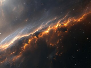 Fototapeta premium Ethereal celestial cloudscape with radiant orange glow and stardust against cosmic void backdrop for space exploration