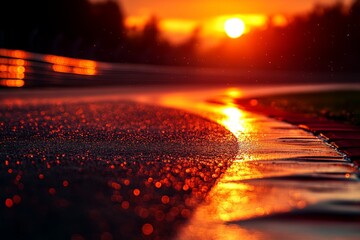 Sunset view over a wet racetrack creating a reflective atmosphere during a tranquil evening