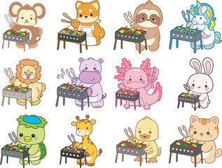 Fototapeta premium Set Vector Stock Illustrations Isolated of Baby Animals. Cute animals with various activities. Funny sticker of animal kids.