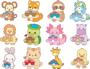 Set Vector Stock Illustrations Isolated of Baby Animals.
Cute animals with various activities.
Funny sticker of animal kids.