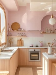 Fototapeta premium A well lit kitchen with pink walls and wooden cabinets