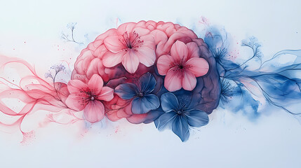 Watercolor Floral Brain Illustration with Pastel Pink and Blue Tones for Mindfulness and Mental Health Awareness Poster