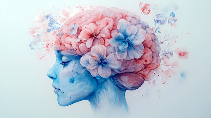 Watercolor Floral Brain Illustration with Pastel Pink and Blue Tones for Mindfulness and Mental Health Awareness Poster