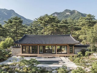 A traditional Korean style house is shown surrounded by mountains