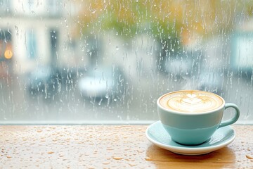 Obraz premium Latte with intricate art rests near rain-speckled window, evoking feelings of comfort and relaxation. The wet wooden surface and blurred cityscape outside add depth to the peaceful moment.