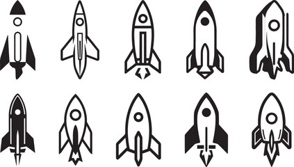 Simple Rocket silhouette icons set. black flat or line collection sticker vector art