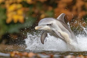 Dolphin leaps joyfully above water with autumn foliage in the background during a sunny afternoon