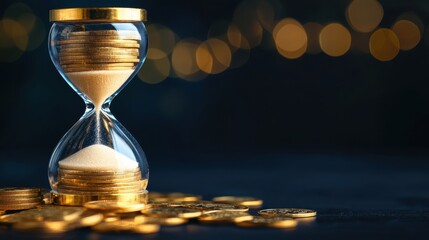 An hourglass filled with sand and coins symbolizes the relationship between time and wealth, creating a visually striking contrast against a dark background.