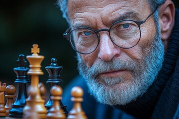 Senior man intensely focused while playing chess outdoors in a tranquil setting during late afternoon