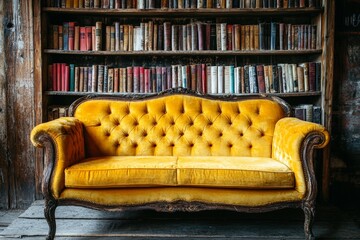A luxurious vintage yellow sofa with intricate wood carvings sits in front of a grand bookshelf filled with aged books. The contrast of the plush velvet and the rustic wooden background.