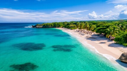 Fototapeta premium Turquoise water surrounding tropical island beach with palm trees and white sand in dominican republic
