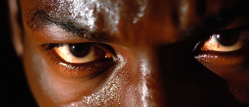 Intense gaze framed by shadows and highlighted by sweat, capturing powerful focus and raw emotion.