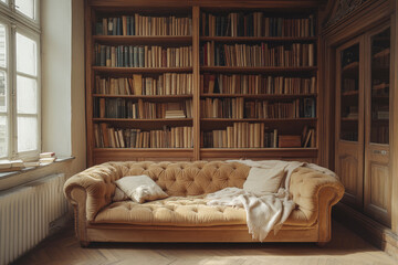 A cozy beige tufted sofa with soft pillows and a knitted blanket rests by a sunlit window, backed by a large wooden bookcase filled with old books. The scene radiates warmth and timeless elegance.