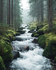 Obraz premium Serene forest stream cascading over mossy rocks through towering trees creating a tranquil woodland scene with a natural and peaceful atmosphere