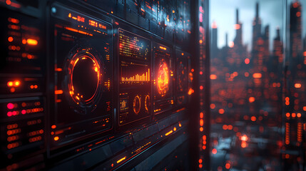 Holographic Analytics Dashboard Floating Over Cyberpunk City Reflection with Glowing Data Lines and Dark Futuristic Background