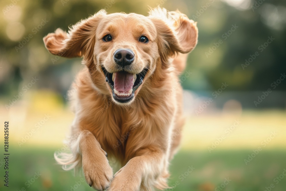 Aufkleber happy golden retriever running joyfully in a green park on a sunny day. generative ai