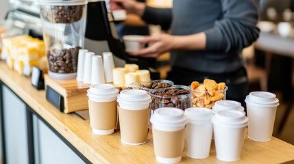 A self-service coffee station with cups and lids, advertising style, copy space.