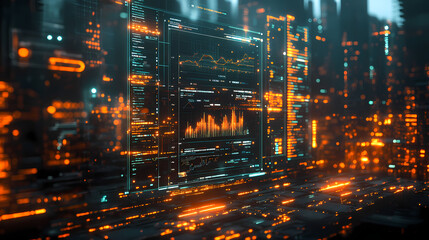 Holographic Analytics Dashboard Floating Over Cyberpunk City Reflection with Glowing Data Lines and Dark Futuristic Background