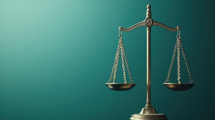 A golden balance scale stands against a teal background, symbolizing justice, fairness, and legal principles.
