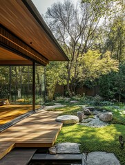 Fototapeta premium The architectural image depicts a modern building next to a garden
