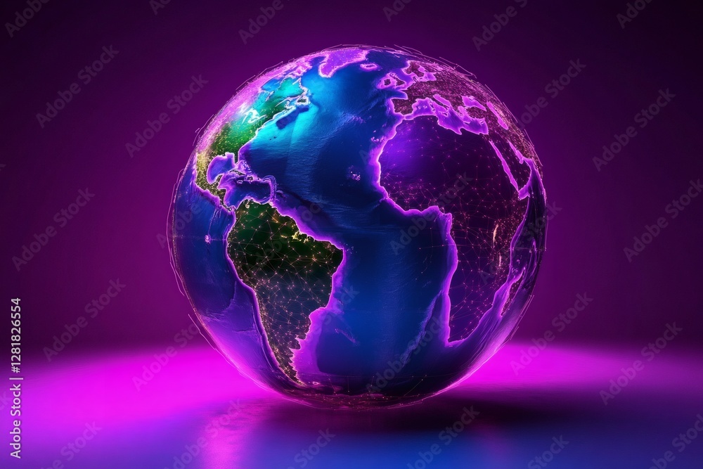 Aufkleber planet earth rotating showing connections in a futuristic style with neon lights