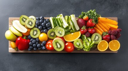 A fresh smoothie bar with fruits and vegetables ready for blending, advertising style, copy space.