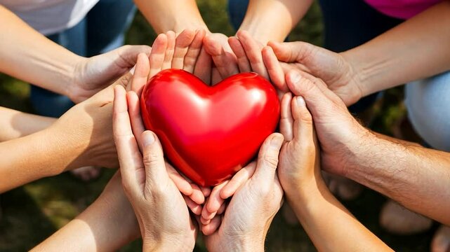 Unity, Compassion, and Shared Humanity: A Circle of Hands Protecting a Red Heart