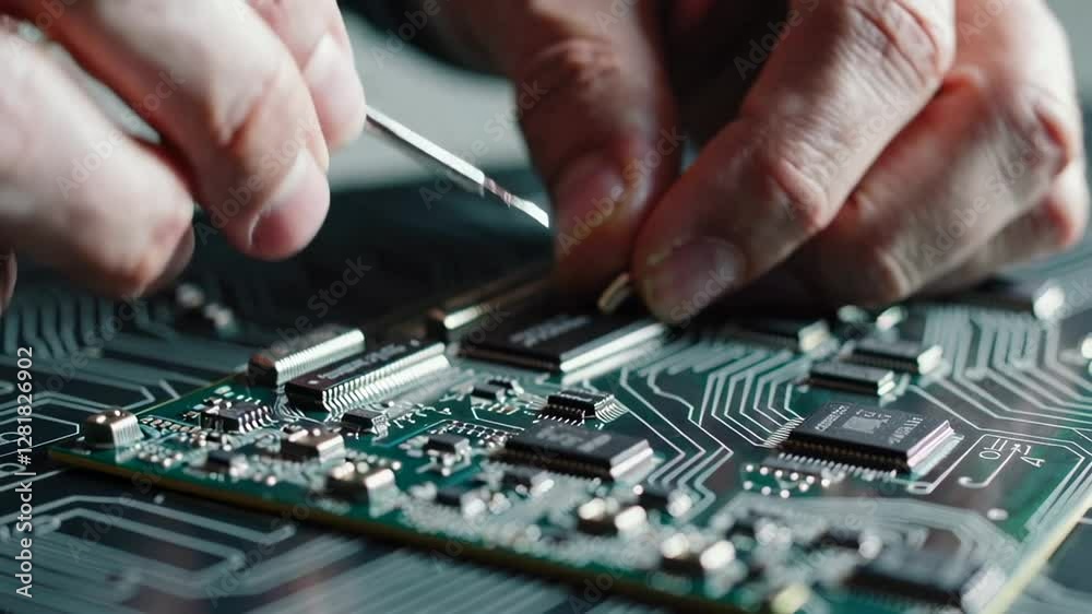 Poster close up slow motion of engineer hands carefully repairing a printed circuit board with tweezers and